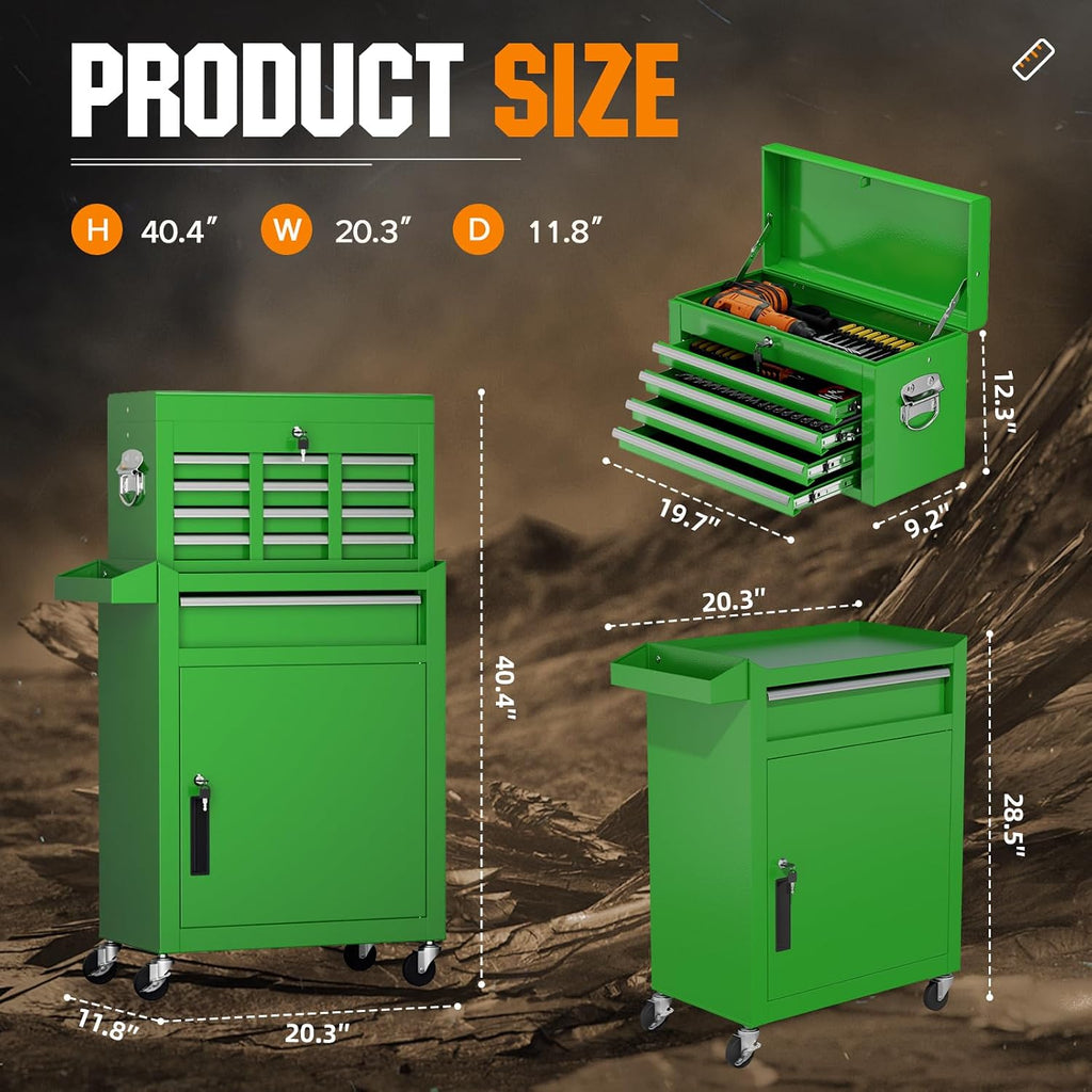 Crownland 5-Drawer Rolling Tool Chest with Wheels, Lockable 2 in 1 Detachable Tool Cabinet wit Drawers and Black Liners, Garage Top Toolbox & Bottom Storage Cart with Side Hooks(Green)