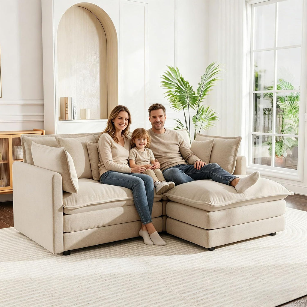 GNIXUU 76.7' Cloud Sofa Couch, Modern Chenille Deep 2 Seater Loveseat with Moveable Ottoman and 4 Pillows, Comfy Modular L Shaped Couches for Small Living Room, Apartment, Studio, Office, Camel