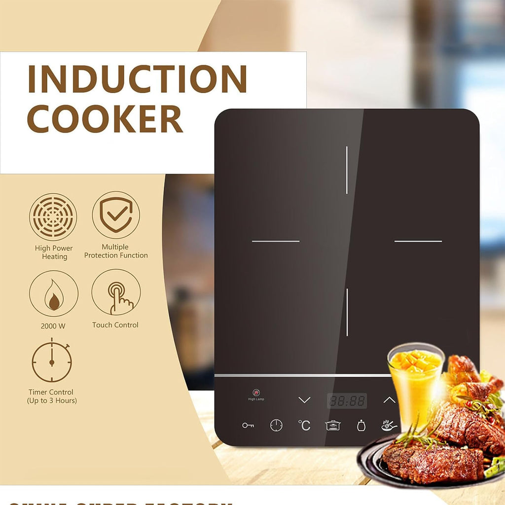 1800W High Power Induction Cooktop 9-Speed Safety Lock Intelligent Touch Control Heating Plate 3H Timer Portable Induction Cooktop
