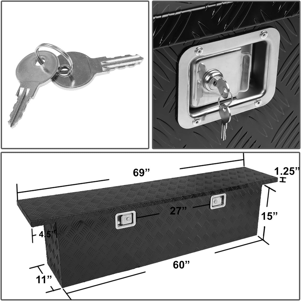 Auto Dynasty 60 (L) x 11 (W) x 15 (H) inches Aluminum Pickup Truck Bed Trailer Key Lock Storage Tool Box (Black)