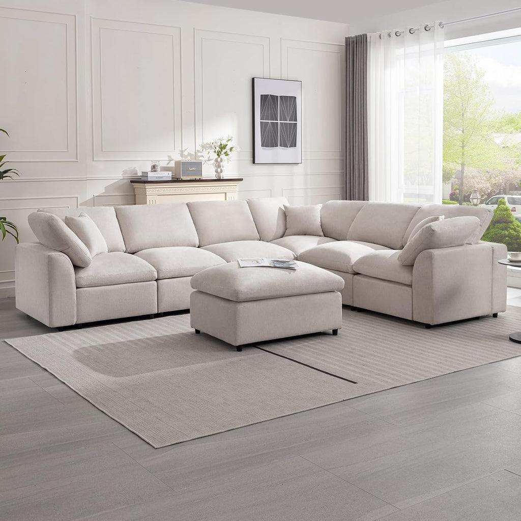 Siiejia Cloud Couch Modular Sectional Sofa Modern Oversized Couches with Ottoman 7 Seater L-Shaped Sofas Comfy Couches for Living Room Spacious Space Apartment Lounge, Cream