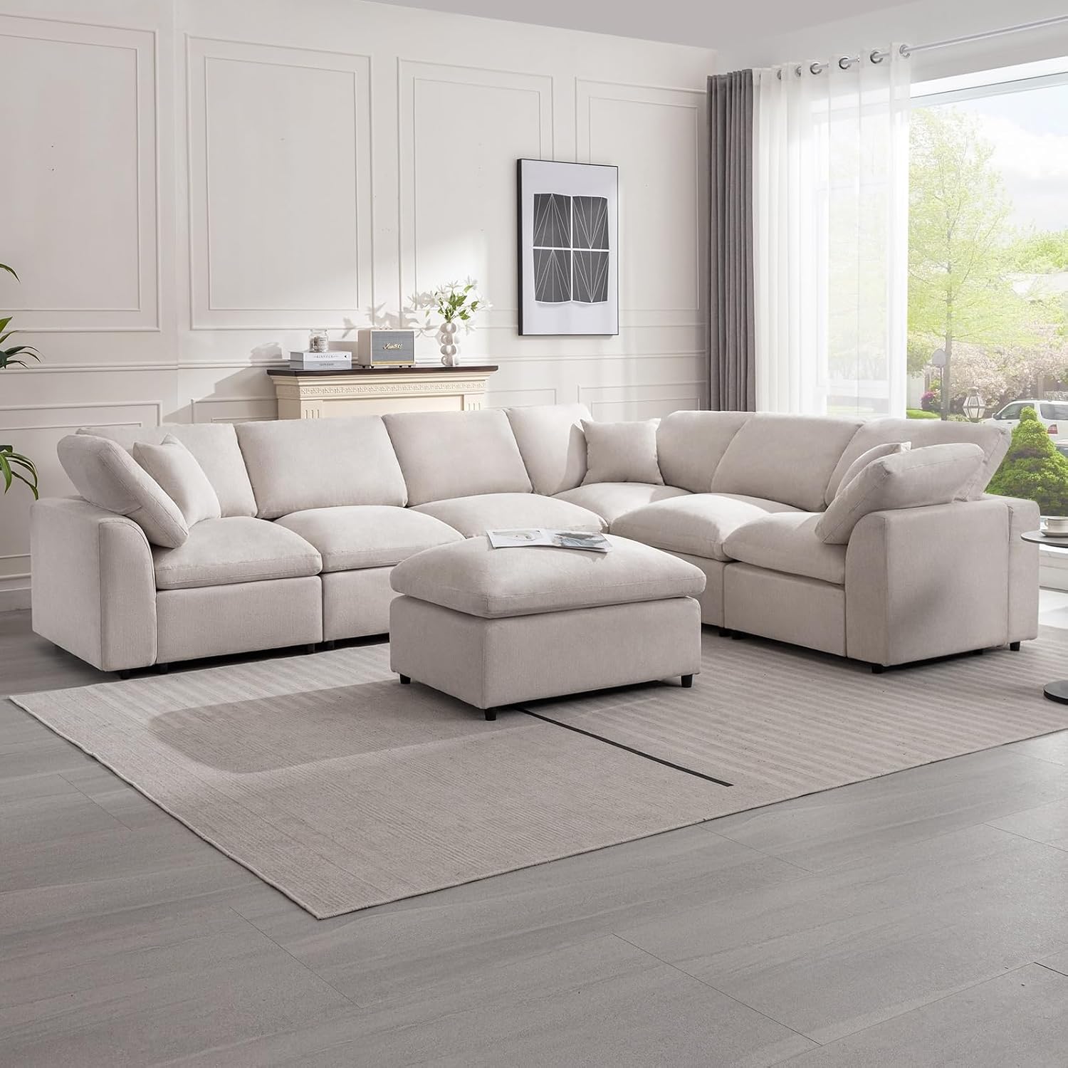 Siiejia Cloud Couch Modular Sectional Sofa Modern Oversized Couches with Ottoman 7 Seater L-Shaped Sofas Comfy Couches for Living Room Spacious Space Apartment Lounge, Cream