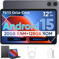12 Inch Tablet, Android 15 Tablets with 2000*1200 Resolution IPS Touch Screen, 20GB RAM (6+14GB), 128GB ROM+1TB Expand, T615 Octa-Core Processor / 8000mAh Battery / 18W Fast Charge, Dual WiFi, Black