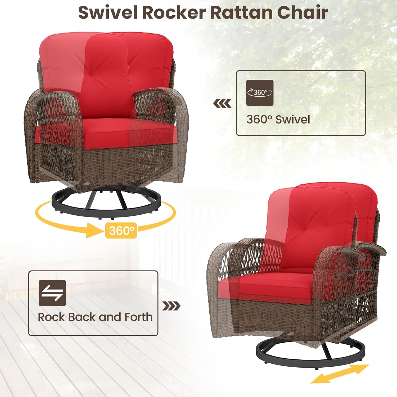 ORALNER 3 Pieces Wicker 360° Swivel Rocker Set Patio Furniture, Rocking Chairs with Cushions, Tempered Glass Coffee Table, Outdoor Rattan Bistro Set for Balcony Front Porch Deck Poolside (Red)