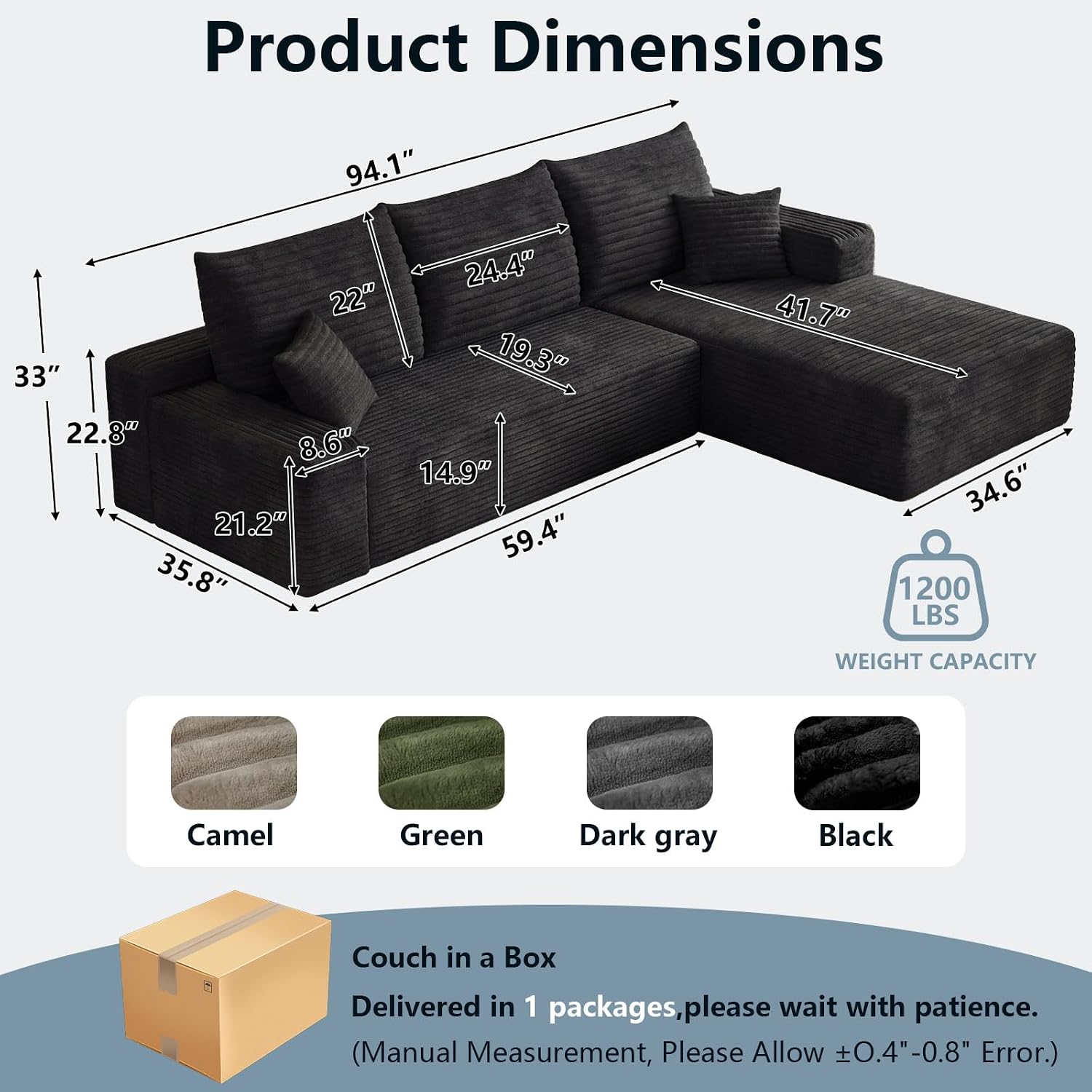 95' Cloud Sectional Couch with L-Shape Chaise, Modern Corduroy Boneless Couch for Living Room,Memory Foam Sofa with Deep Seat,No Assembly Required (Black,Right-Facing Chaise)