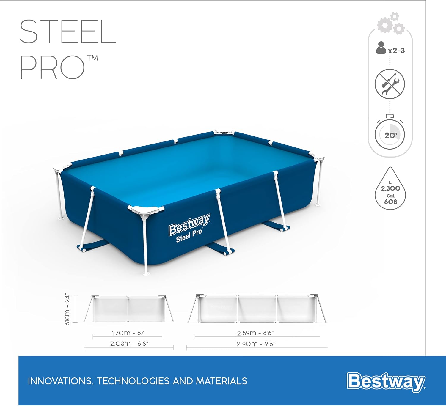 Bestway Steel Pro 2.6m x 1.7m x 61cm Rectangular Above Ground Pool