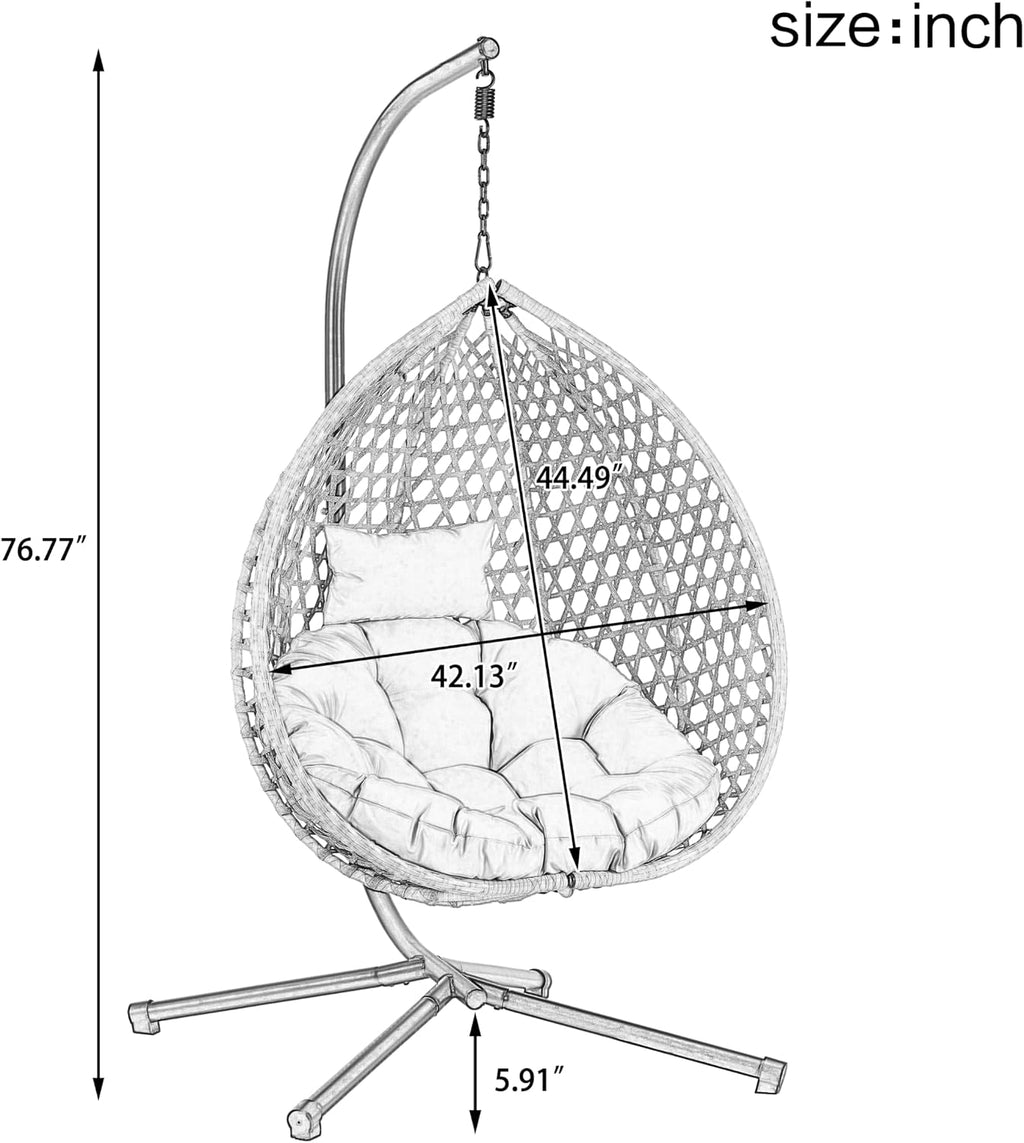 Egg Chair with Stand Patio Rattan Wicker Hanging Swing Egg Chair Hammock Chair for Indoor and Outdoor Egg Hanging Chair for Balcony Porch Garden 330lbs Capacity - Black+Beige