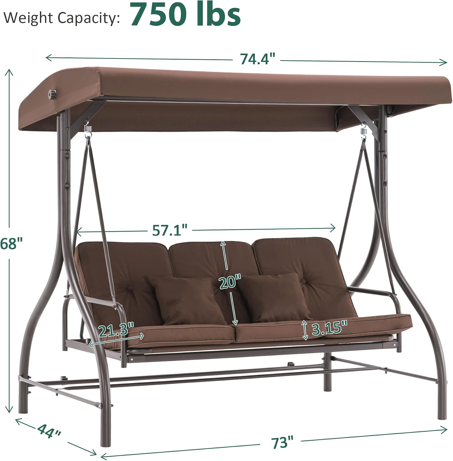 MCombo 3-Seat Outdoor Patio Swing Chair, 2-in-1 Convertible Porch Swing Glider Chair with Removable Cushions, Adjustable Canopy & Pillows for Backyard, Deck, Garden, 4068 (Brown)