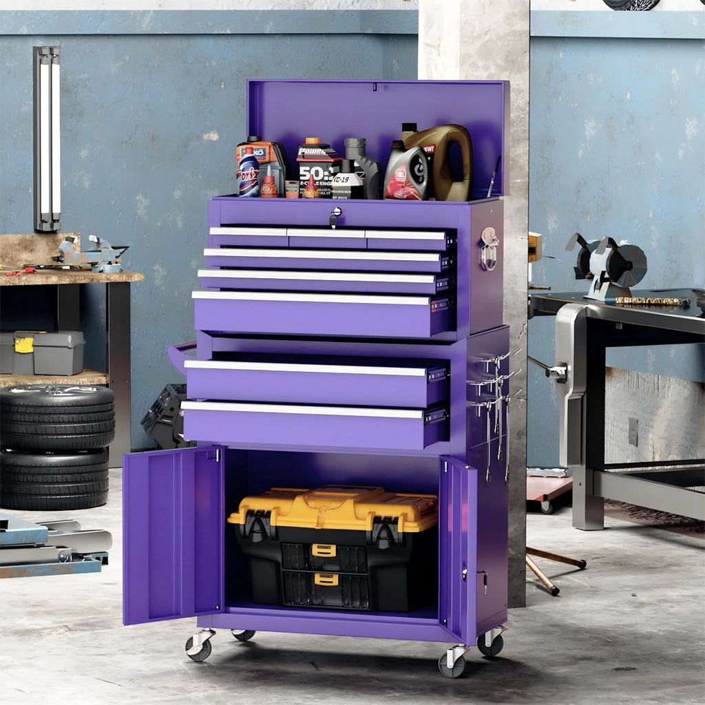 Crownland 8-Drawer Rolling Tool Chest with Wheels, Lockable 2 in 1 Detachable Tool Cabinet wit Drawers and Side Hooks, Garage Top Toolbox & Bottom Storage Cart(Purple)