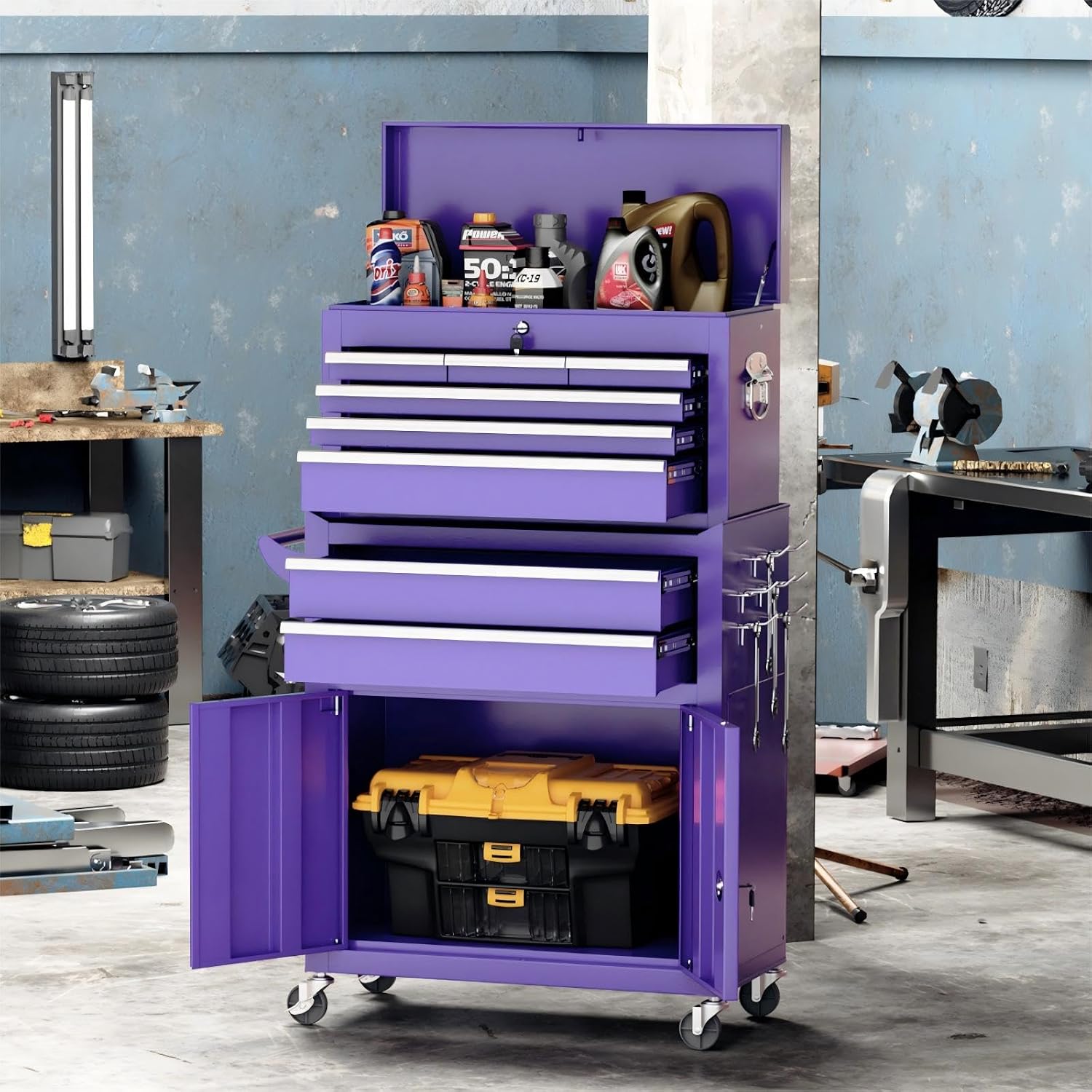 Crownland 8-Drawer Rolling Tool Chest with Wheels, Lockable 2 in 1 Detachable Tool Cabinet wit Drawers and Side Hooks, Garage Top Toolbox & Bottom Storage Cart(Purple)