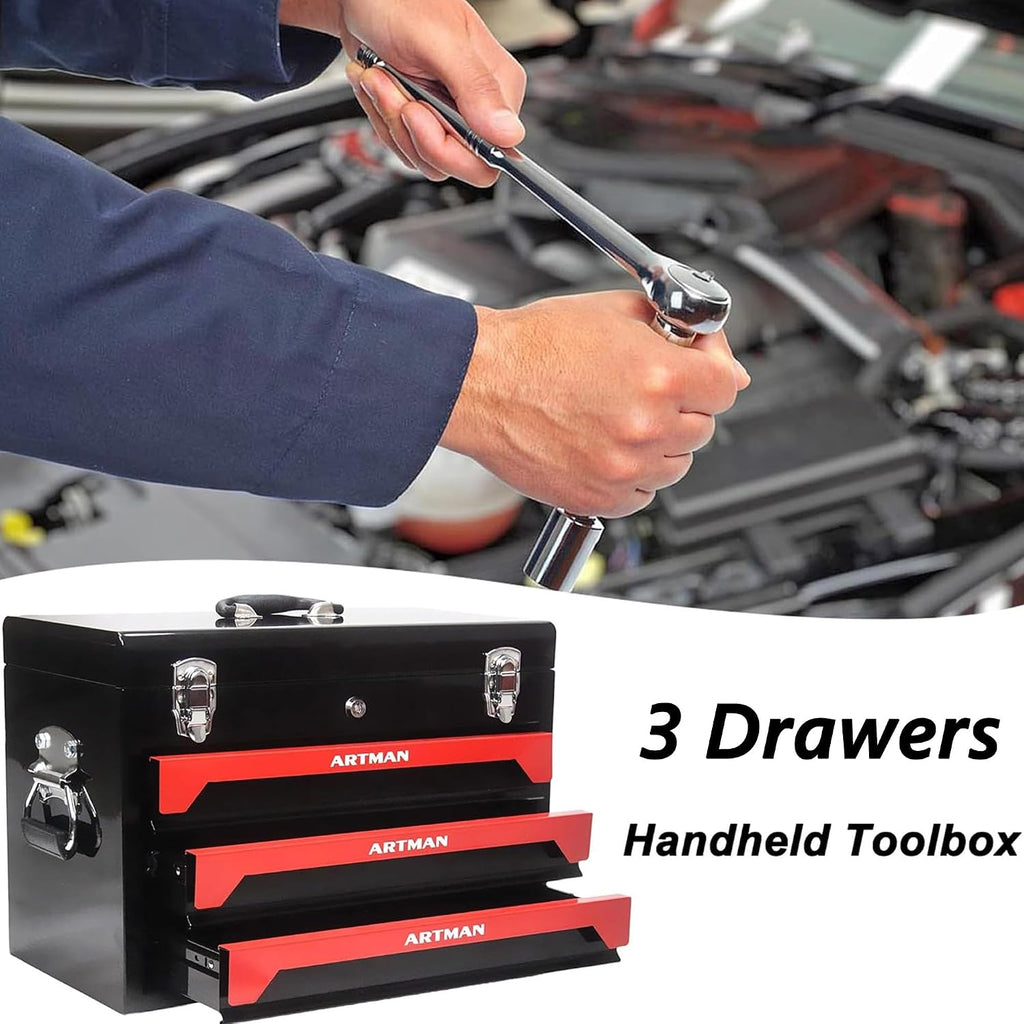 3 Drawers Metal Tool Box, 19' Heavy Duty Steel Tool Chest w/Key Lock & Handle, Multi-Function Top Storage Tray Toolbox w/Powder Coating & Ball Bearing Slides for Garage & Workshop(Black+Red)