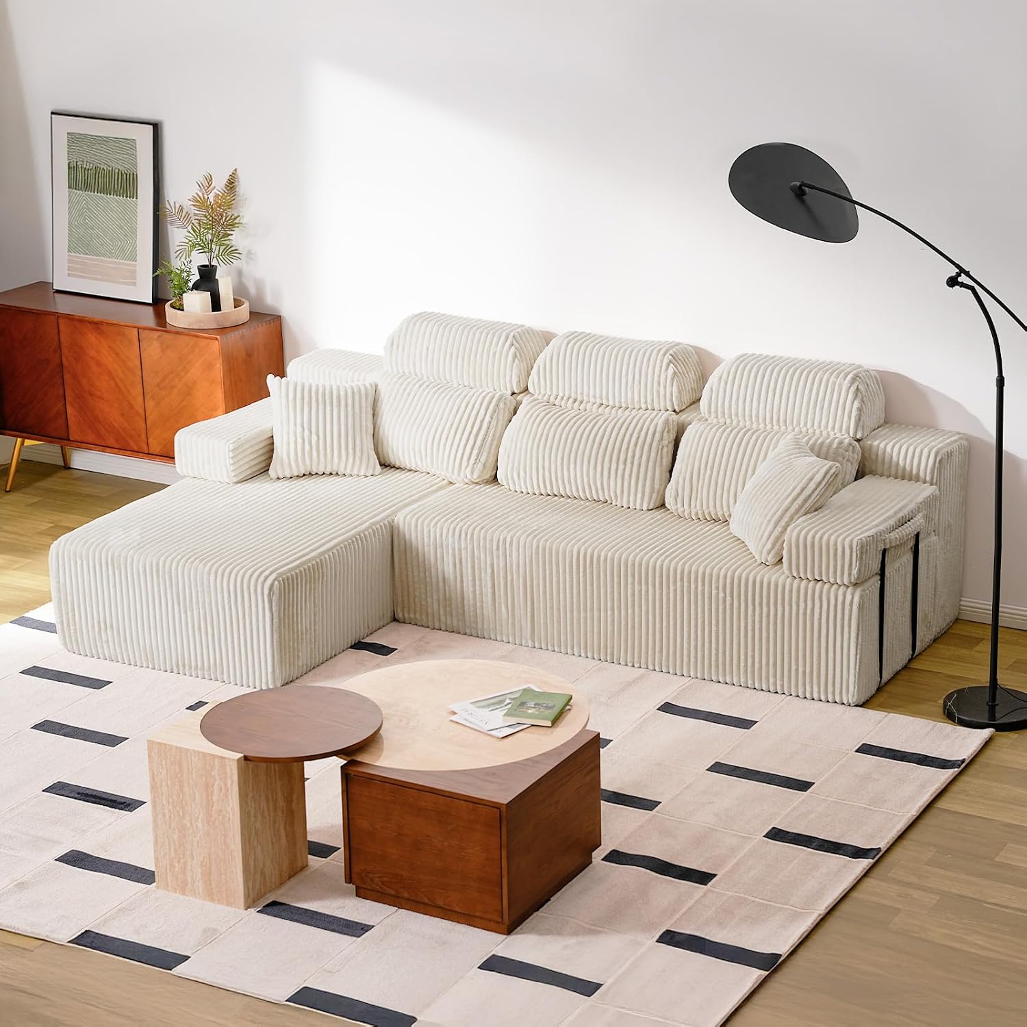 HOMRELEXA 106'' Sectional Couch with High Backrest, L-Shape Modular Sectional Sofa Convertible Left or Right Chaise, Cloud Corduroy, Boneless Couches Comfortable for Living Room(Beige)