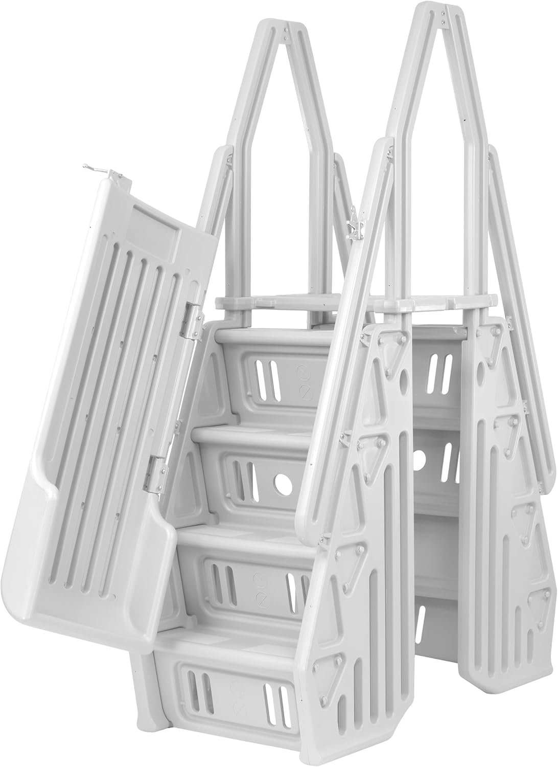 Vinyl Works AF Adjustable 24 Inch Ladder for Above Ground Swimming Pools with Secure Gate Closure and 2 Deck Mount Flanges, White