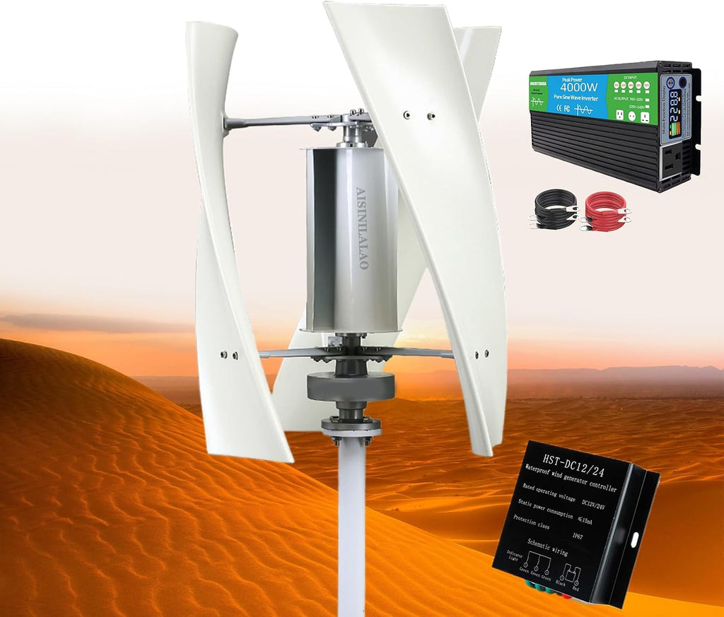 Vertical Wind Turbine Generator, 3000W 12V 24V 48V 220V 3 Blade Noiseless Magnetic Levitation Wind Turbine Set with Inverter for Home Or Camping