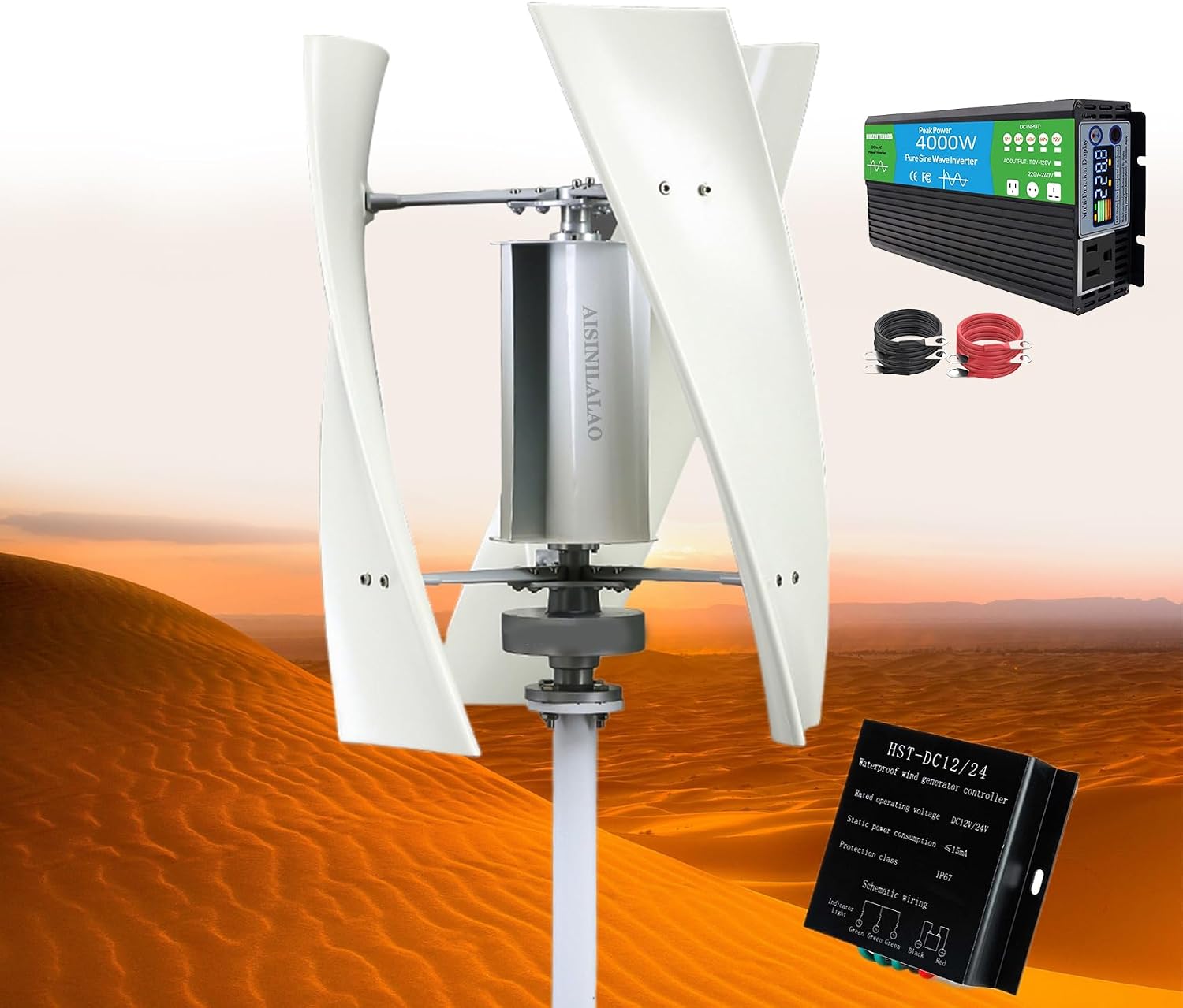 Vertical Wind Turbine Generator, 3000W 12V 24V 48V 220V 3 Blade Noiseless Magnetic Levitation Wind Turbine Set with Inverter for Home Or Camping