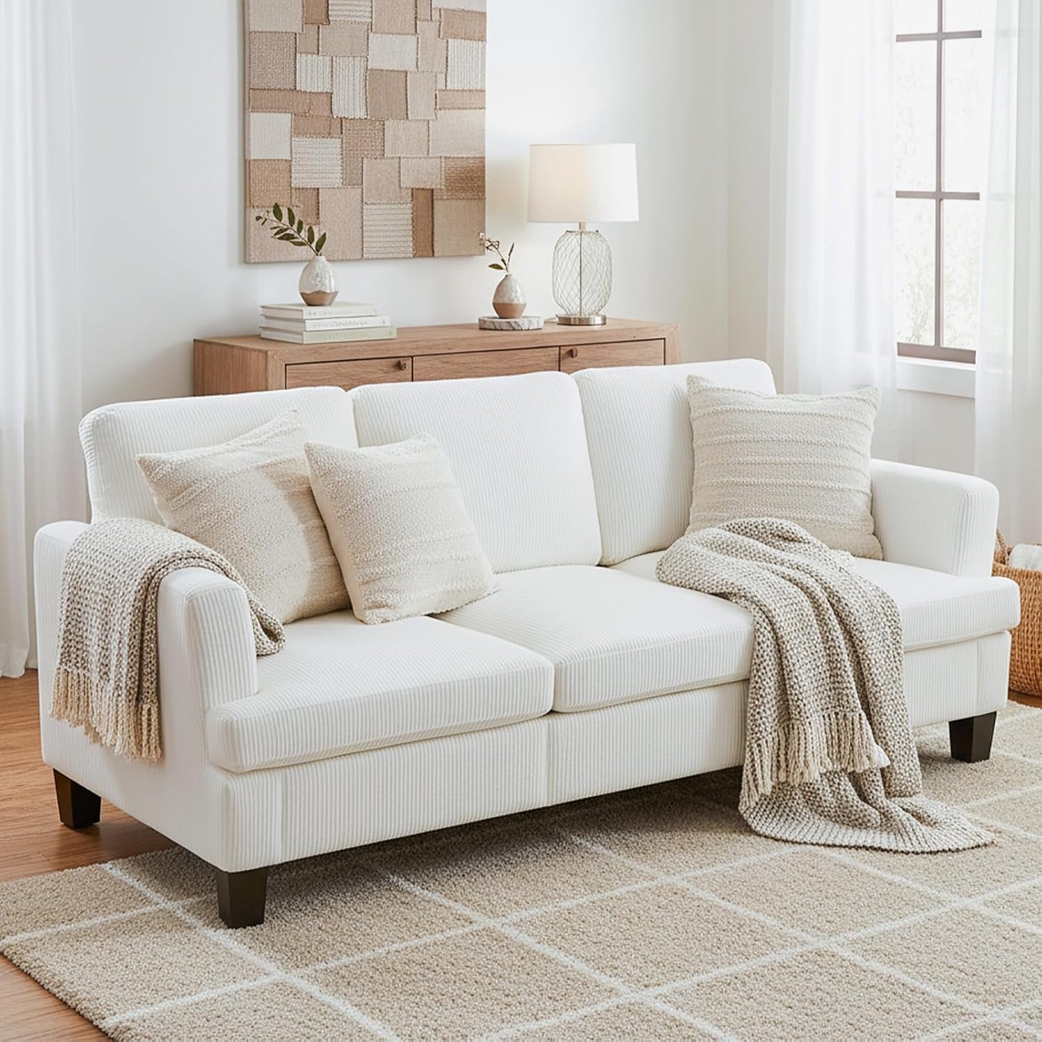 3 Seater Couch, 84' Comfy Corduroy Sofa with Deep Seat for Living Room, Modern Upholstered White Sofa Couches for Bedroom, Apartment and Office (Pillows Not Include)