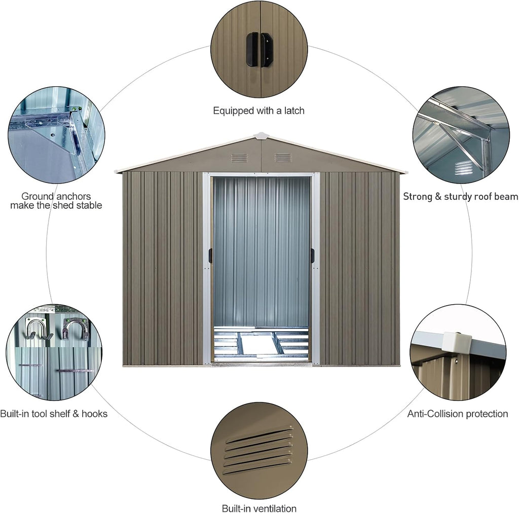 8x6 ft Outdoor Metal Storage Shed with Floor Foundation and Window, Lockable Galvanized Steel Tool Shed with Sliding Door and Air Vent, Waterproof Garden Storage House for Backyard, Patio