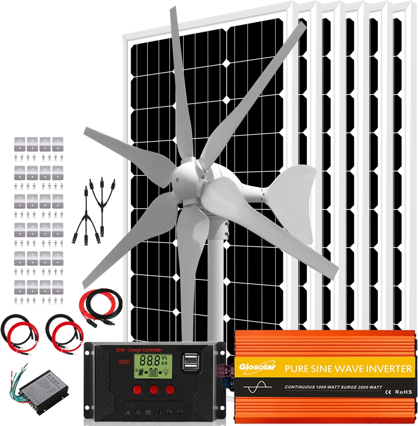 1000W 24V Wind Solar Kit for RV Home Cabin Boat : 6 * 100W Glass Solar Panels + 400W Wind Turbine Generator + Solar/Wind Charge Controller +3000W Inverter +Accessories