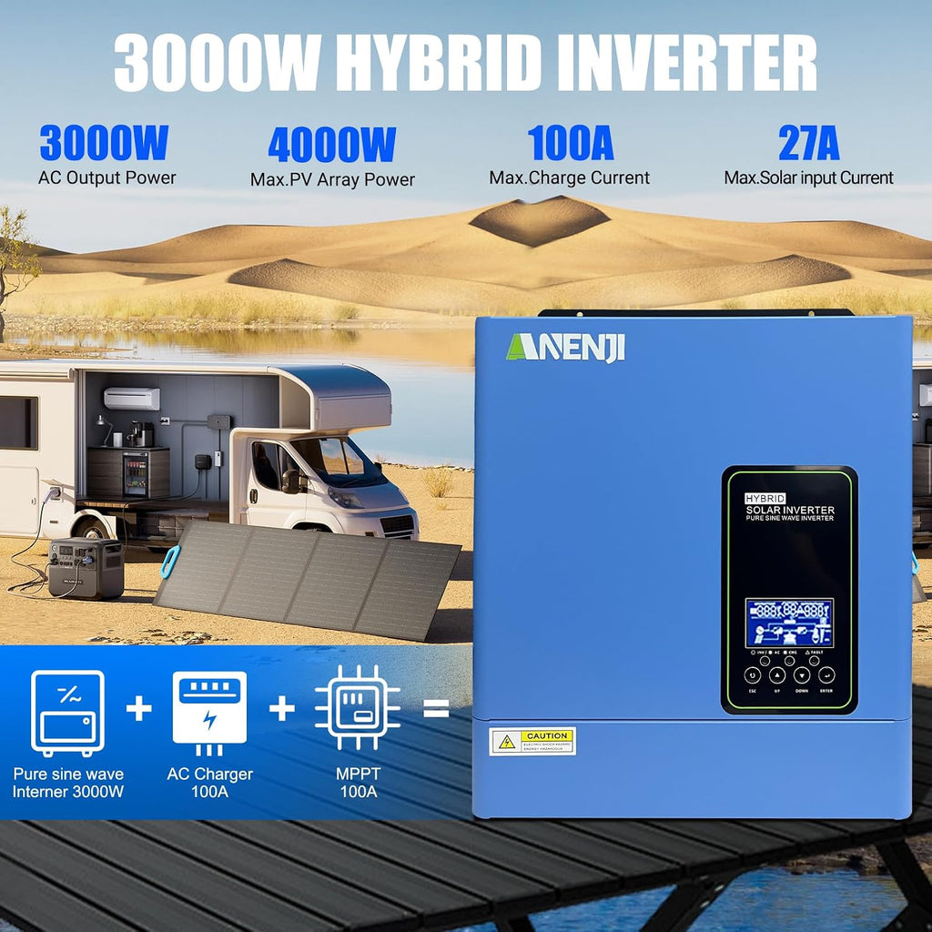 Hybrid Solar Inverter 3000W, 24Vdc to110Vac Off-Grid Inverter,100A MPPT Controller,Support Battery-Less or AGM Lithium Battery, Pure Sine Wave for Home Backup,Solar Systems
