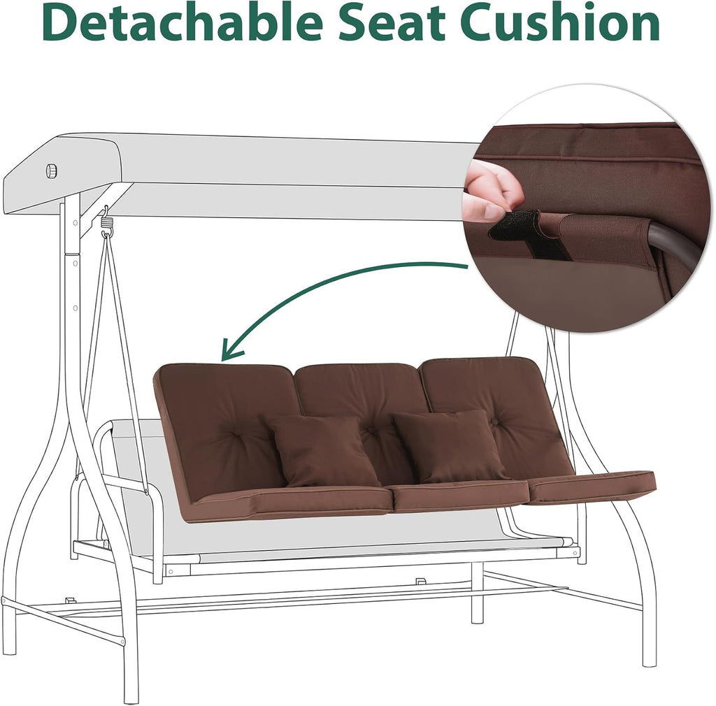MCombo 3-Seat Outdoor Patio Swing Chair, 2-in-1 Convertible Porch Swing Glider Chair with Removable Cushions, Adjustable Canopy & Pillows for Backyard, Deck, Garden, 4068 (Brown)