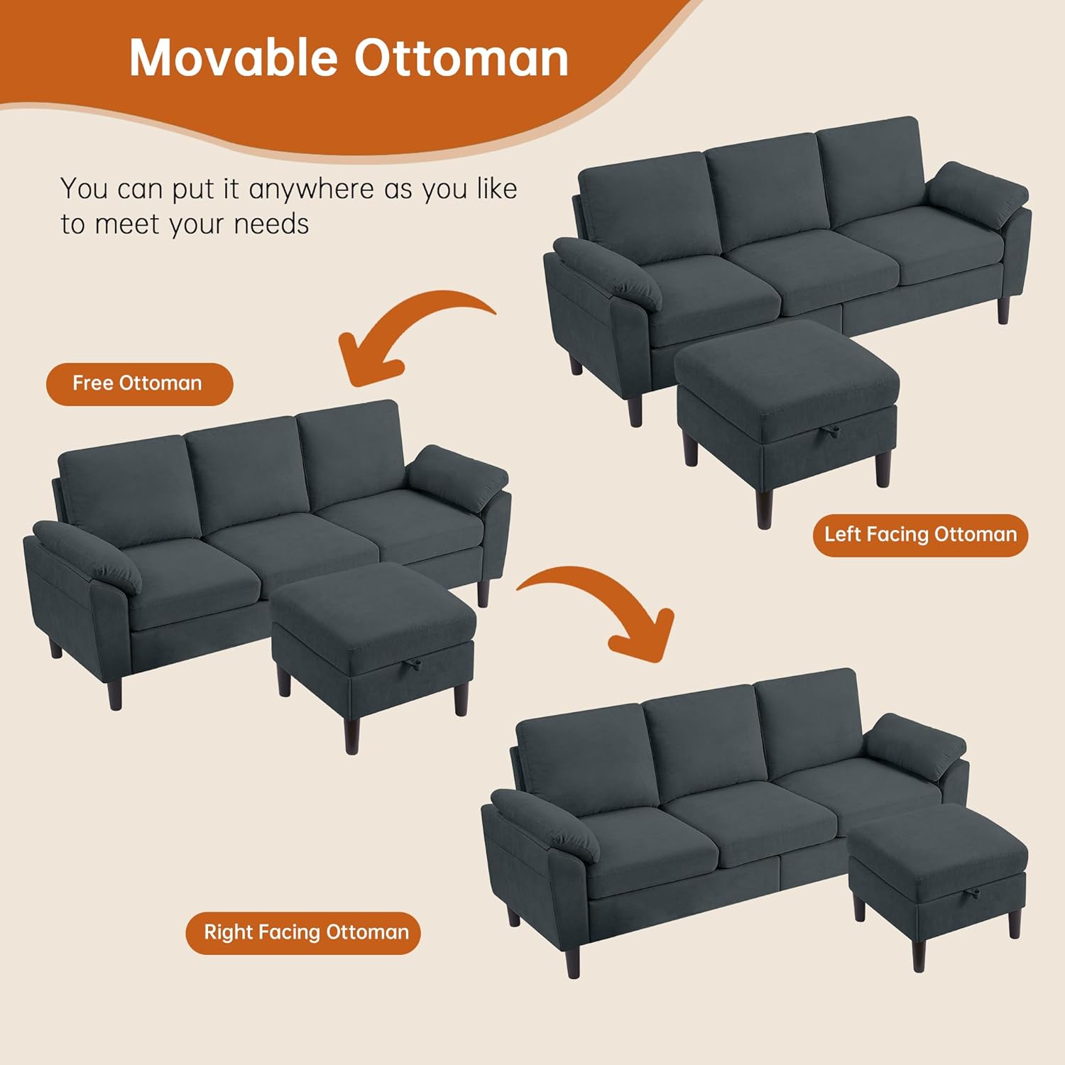 Convertible Sectional Sofa, Modern L Shaped 3-seat Sofa, 79' Linen Fabric Small Sectional Couch with Movable Ottoman, Couch for Small Spaces Living Room (Dark Grey)