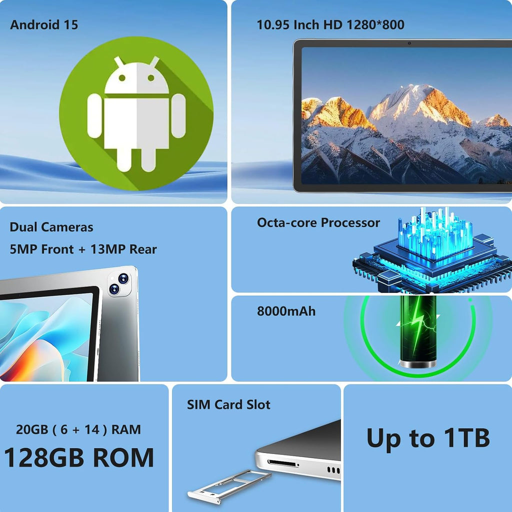 NOBKLE 11 Inch Android 15 Tablet with 4G LTE SIM Slot, 20GB RAM 128GB Storage, Octa-Core Processor, HD IPS Display, Quad Speakers, WiFi, Bluetooth, Long Battery Tablet for Work Study Travel Silver