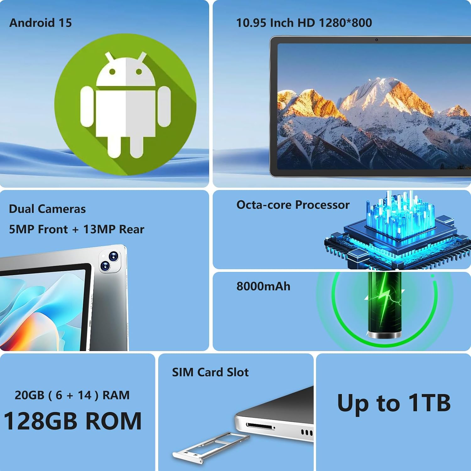NOBKLE 11 Inch Android 15 Tablet with 4G LTE SIM Slot, 20GB RAM 128GB Storage, Octa-Core Processor, HD IPS Display, Quad Speakers, WiFi, Bluetooth, Long Battery Tablet for Work Study Travel Silver