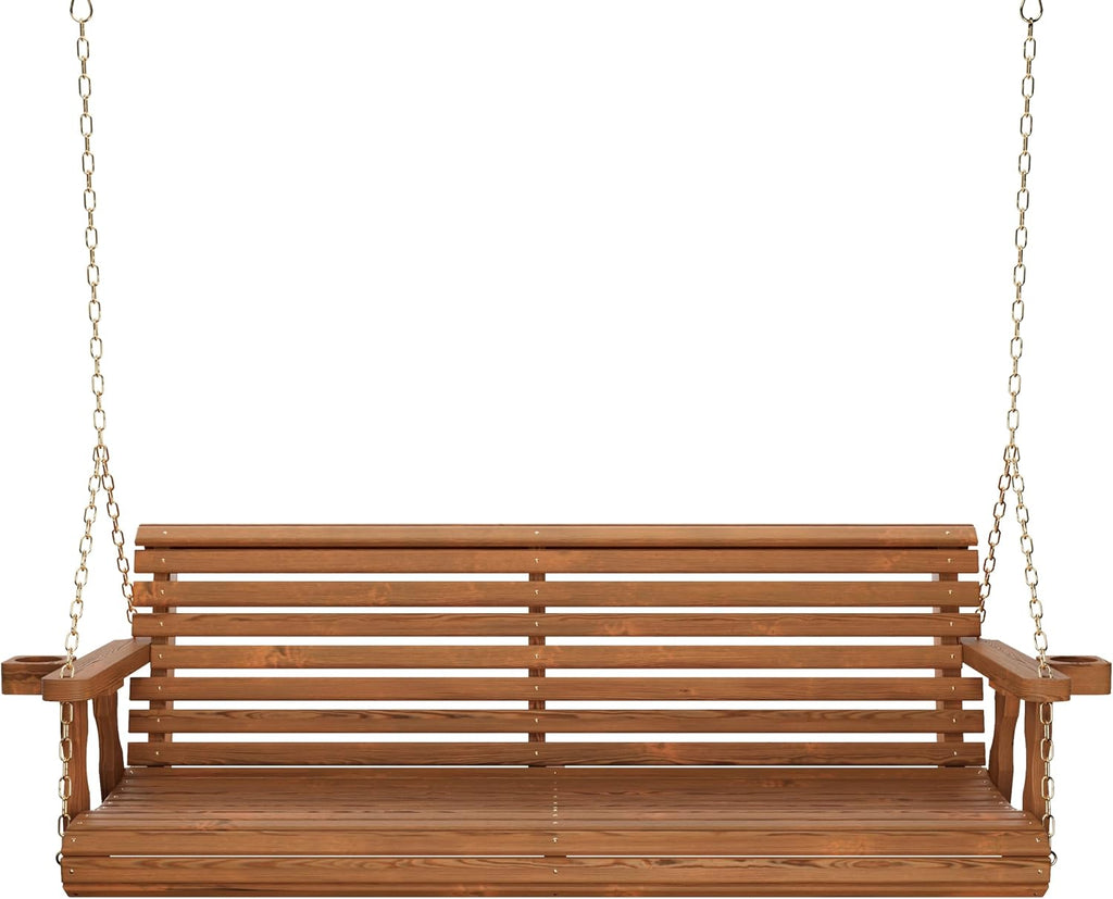 Amish Casual Heavy Duty 700 Lb Capacity Porch Swing with Cup Holders (5 Foot, Oak Stain) – Wooden Outdoor Roll Back Swing with Hanging Chains – Amish Made in the USA