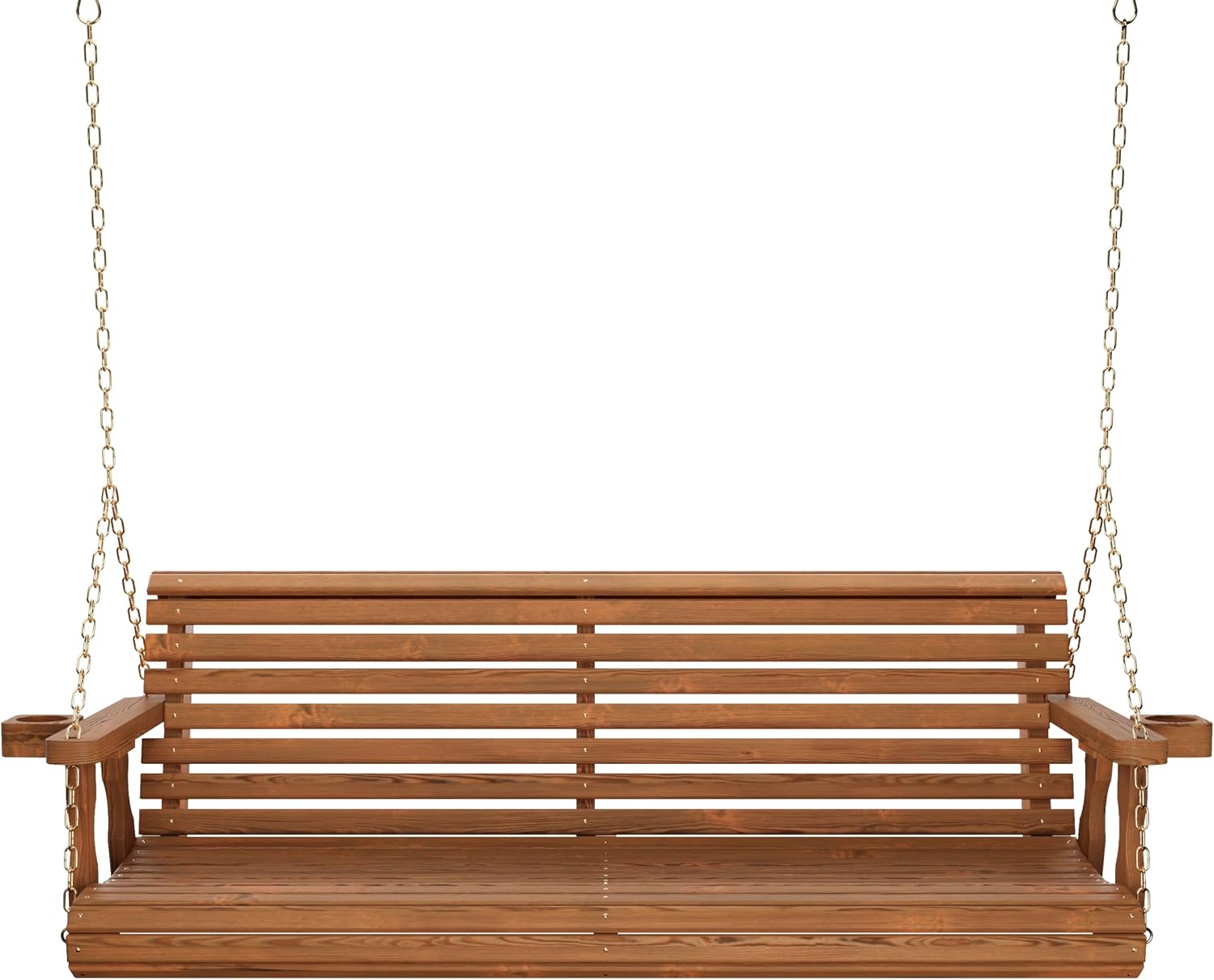 Amish Casual Heavy Duty 700 Lb Capacity Porch Swing with Cup Holders (5 Foot, Oak Stain) – Wooden Outdoor Roll Back Swing with Hanging Chains – Amish Made in the USA