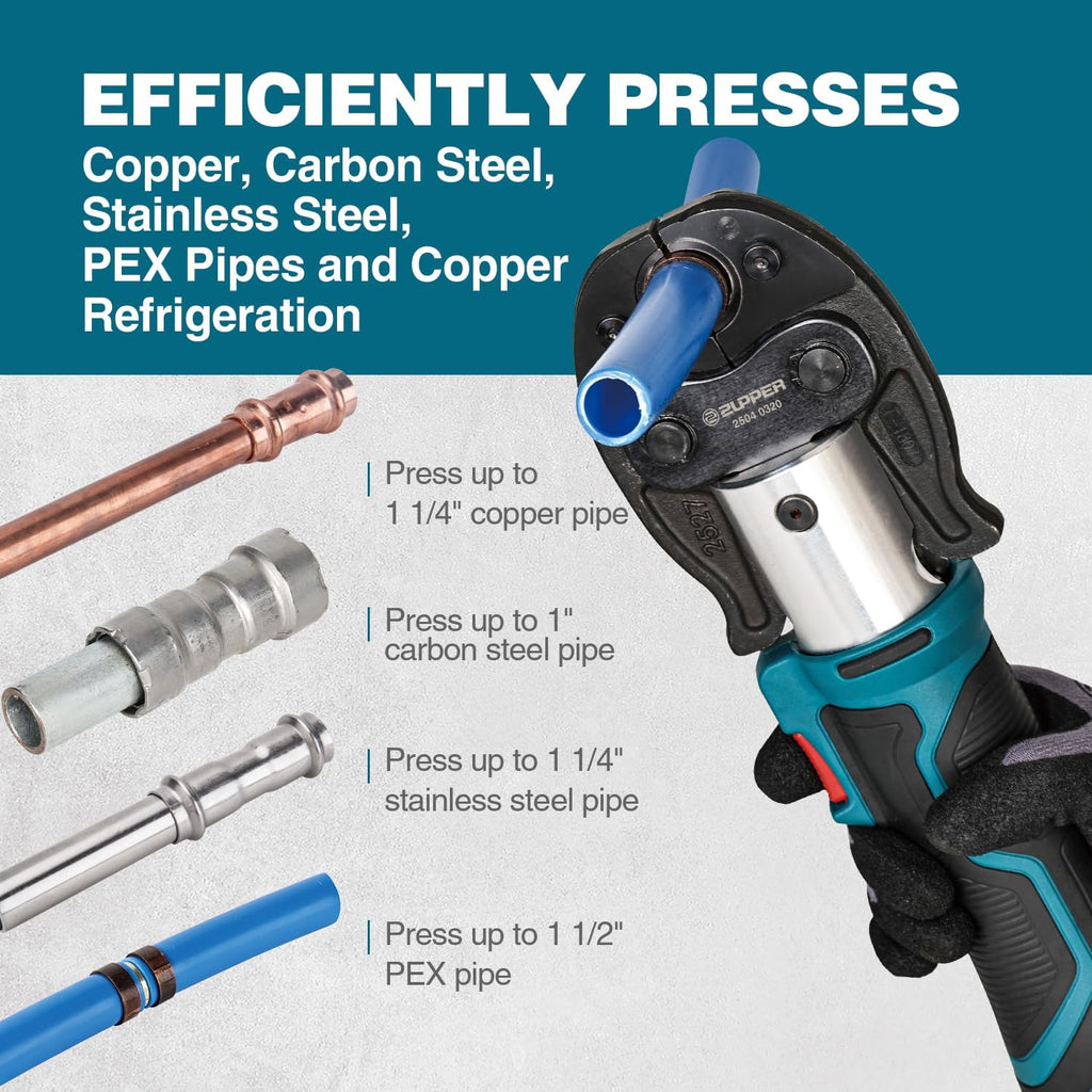ZUPPER Mini Press Tool kit with 3 PEX Crimp Dies F1807 1/2', 3/4', 1', Brushless Motor, 2pcs Battery, Fast Charger & Carrying Case