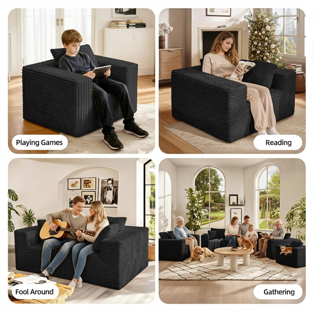 2-Seater Deep-Seat Corduroy Lounge Sleeper Sofa - No Assembly, Frameless Foam Cloud Couch for Living Room, Bedroom, Apartment, Dorm, Office