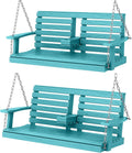 KINGYES Outdoor Hanging Porch Swing Set of 2, 2 Seat Patio Swing Recliner with Cup Holders, Waterproof Swing Recliner Bench for Courtyard & Garden, 660LBS Weight Capacity, Aruba Blue
