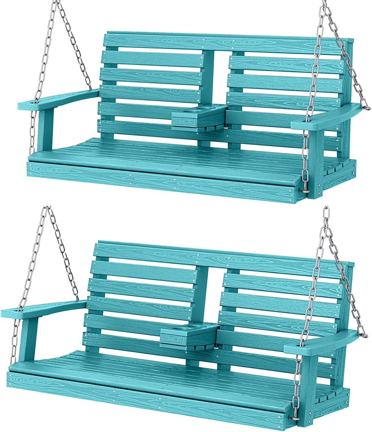 KINGYES Outdoor Hanging Porch Swing Set of 2, 2 Seat Patio Swing Recliner with Cup Holders, Waterproof Swing Recliner Bench for Courtyard & Garden, 660LBS Weight Capacity, Aruba Blue