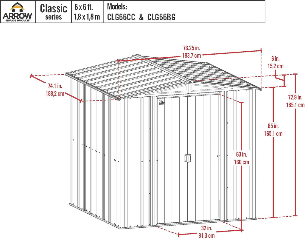 Arrow Sheds 6' x 6' Outdoor Steel Storage Shed, Grey