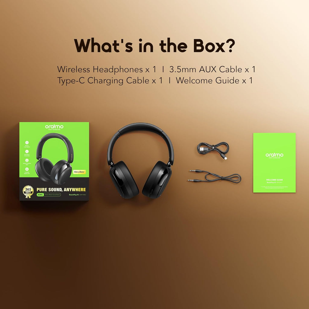 Oraimo Active Noise Cancelling Over the Ear Headphones Wireless Bluetooth, 65H Playtime, 3 EQ Modes, Deep Bass, BT5.4, Wireless Headphones with Microphone for Game, Office, Travel, Black