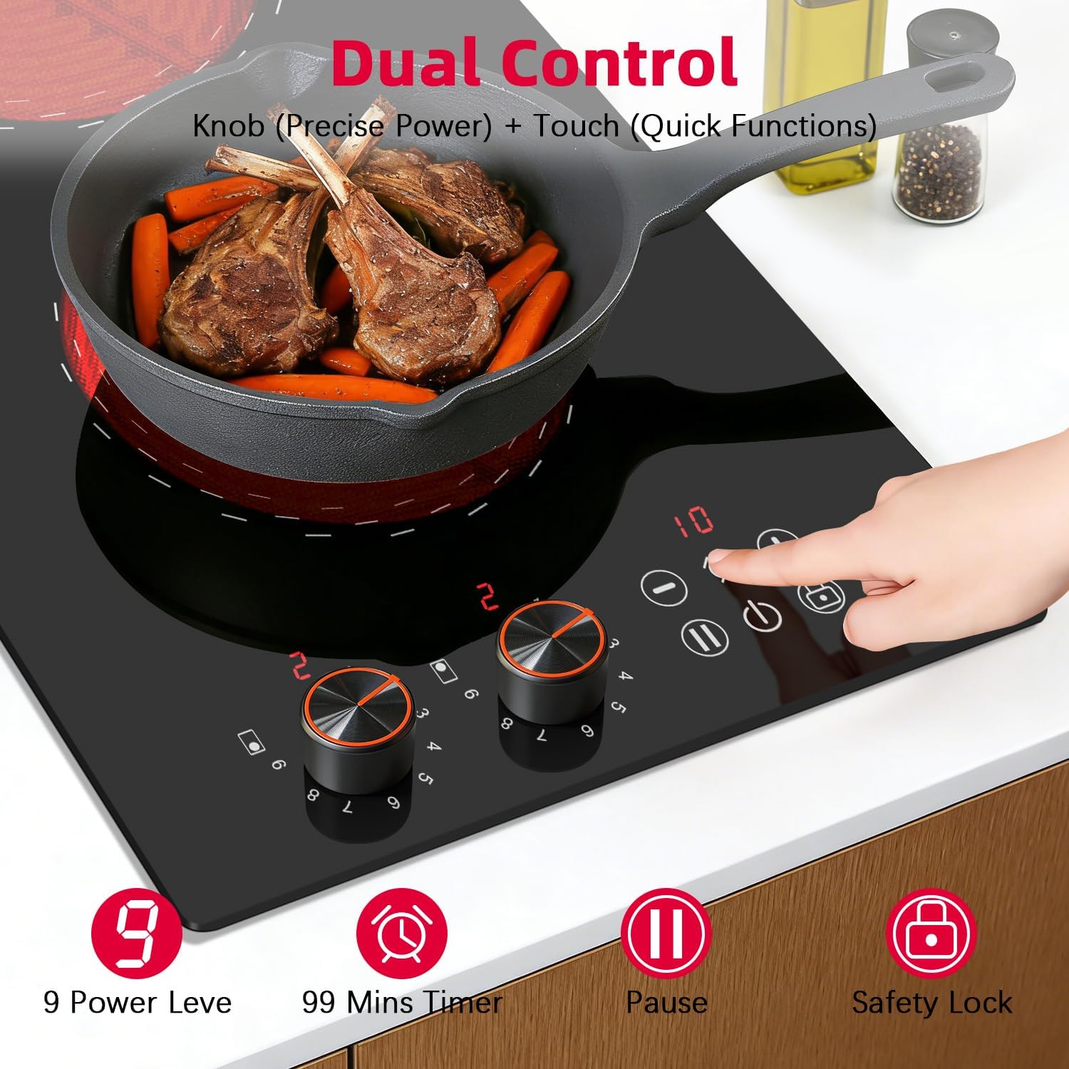 2 Burner Electric Cooktop 110v Hobsir, 2000W Electric Stove Top Burner 12 Inch, 9 Power Levels, Knob & Touch Control, Plug in Cooktop 120v, 99 Mins Timer, Safety Lock, Automatic shutdown
