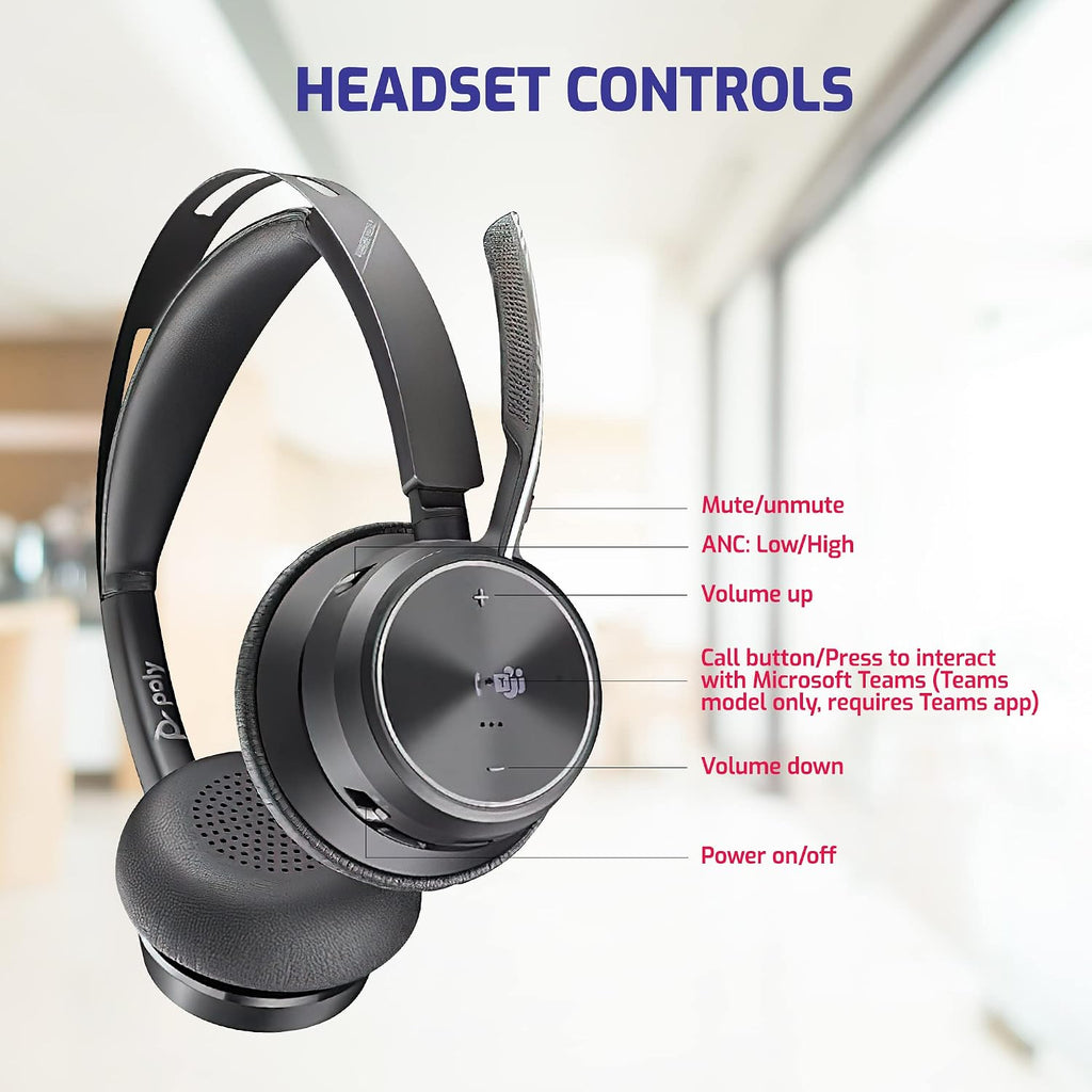 Poly Plantronics Voyager Focus 2 UC, Stereo Bluetooth Headset with Charging Stand, USB C, with USB C to USB A Adapter, Compatible with Teams, Zoom, Connects to Laptop,PC/Mac, Smartphone - GTW Cloth