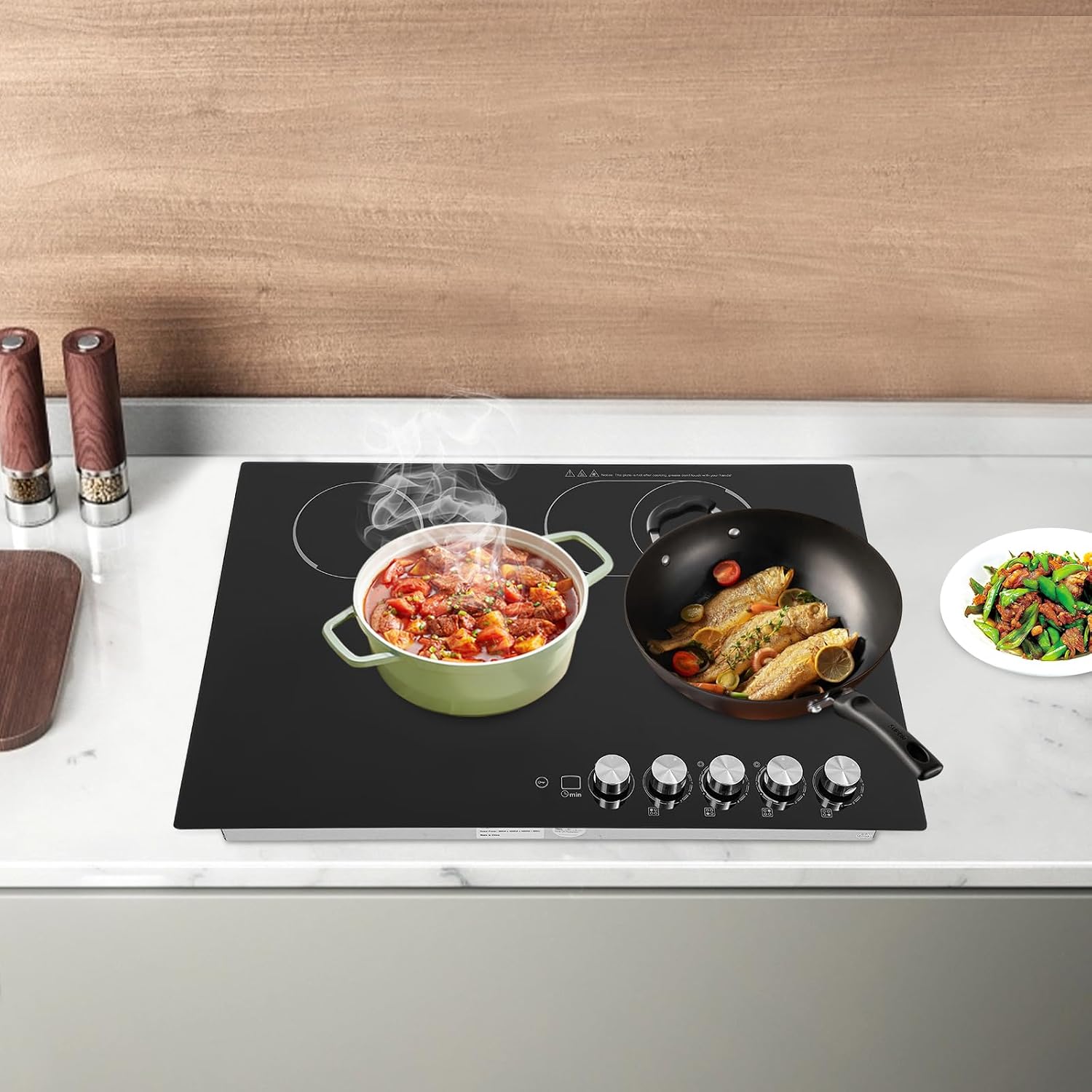 Electric Cooktop 3 Burners, Built in Radiant Electric Stove Top,2600W Cooktop Stovetop with Sensor Touch Control&Timer,Temperature,9 Heating Level,110V (4 Burners)