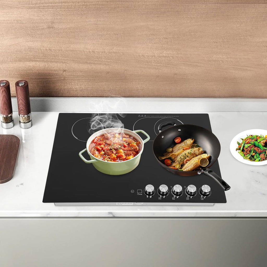 Electric Stovetop, 4 Burners Electric Cooktop Induction Cooker Ceramic Stove with 5 Temperature and 4 Power Level, Sensor Touch Control, Child Safety Lock & Timer