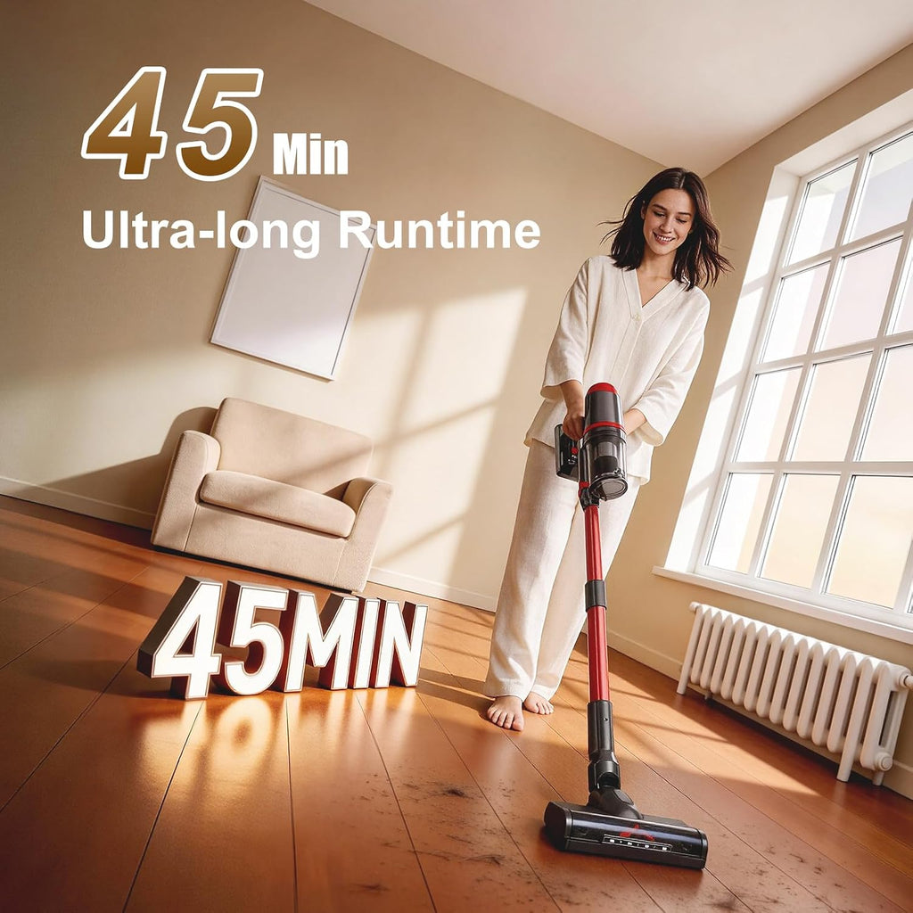 Cordless Vacuum Cleaner, 200W 45Mins Lightweight Stick Vacuum Cleaners for Home, Anti-Tangle Brush & LED Touch Screen, 1L Dust Cup, Wall Mount Dock, Bright Light for Hardwood, Pet Hair, Carpet, Office