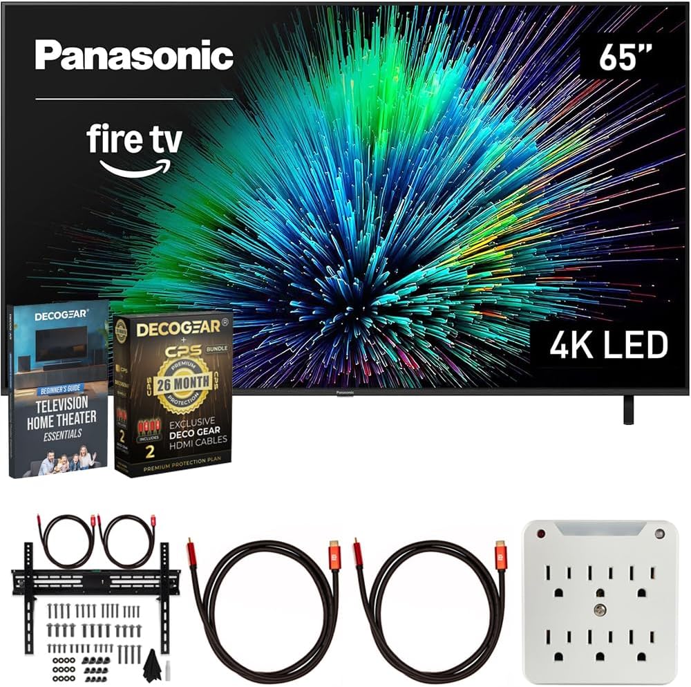 Panasonic TV-65W70BP W70 Series 65 inch LED 4K Ultra HD Smart Fire TV Bundle with 2X HDMI 2.0 Cable, TV Wall Mount, 6-Outlet Surge Adapter, Theater Essentials and Exclusive 26 Month Protection Pack