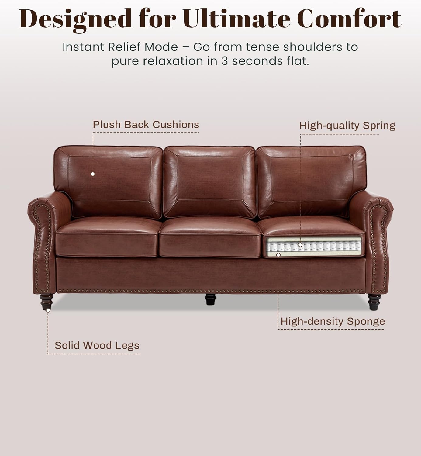 Kingfun Mid-Century Modern Couch, Faux Leather Sofa Set, 3 Seater Couch for Living Room with Rolled arms & Nailhead Trim, Dark Coffee