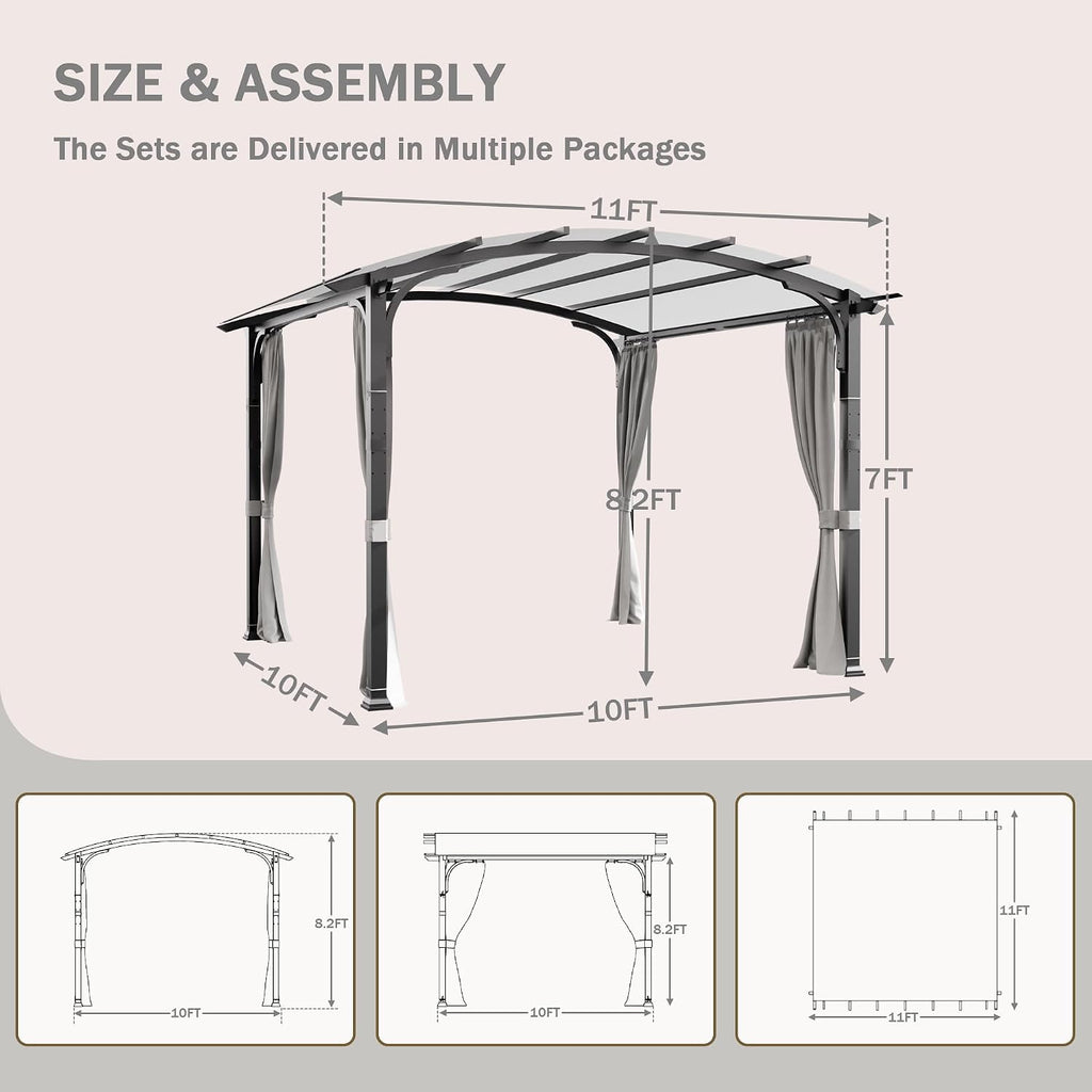 Meetleisure 11'x11' Outdoor Pergola with Sidewalls - Arched Top Outdoor Pergola with Metal Steel Frame and Textilene Top Canopy, Ideal for BBQ Party & Family Gathering, Grey Top