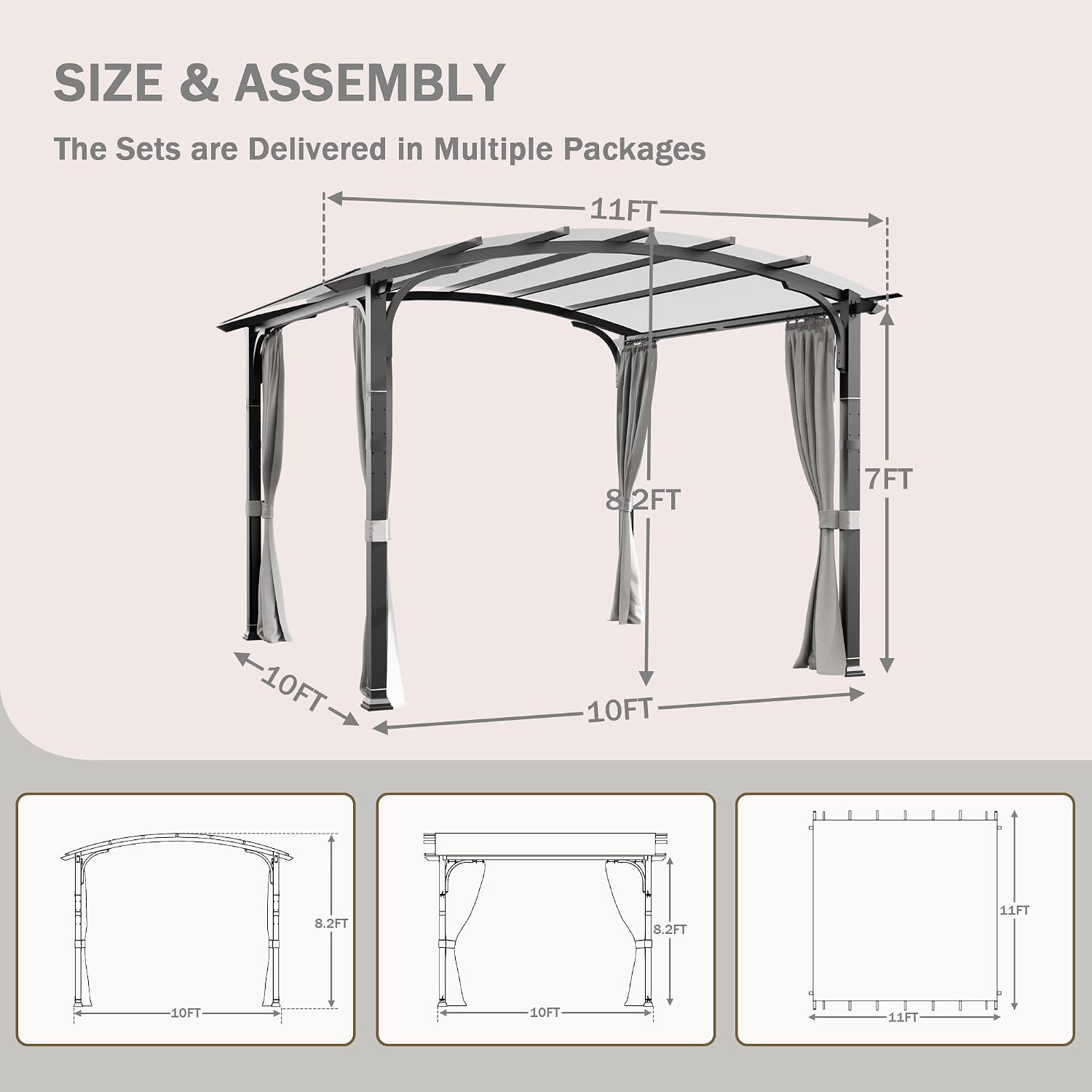 Meetleisure 11'x11' Outdoor Pergola with Sidewalls - Arched Top Outdoor Pergola with Metal Steel Frame and Textilene Top Canopy, Ideal for BBQ Party & Family Gathering, Grey Top