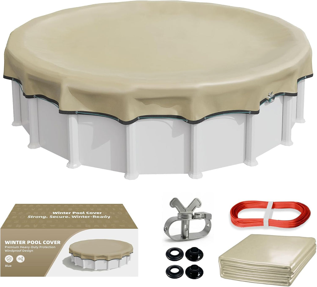 [Upgrade] 18ft/21ft/24ft/28ft Pool Cover for Above Ground Pools,21 Feet Winter Round Swimming Pool Cover with 4 Foot Overlap Extra Thick 500D Cable & Heavy-Duty Winch 21 Foot Round Pool Covers Beige