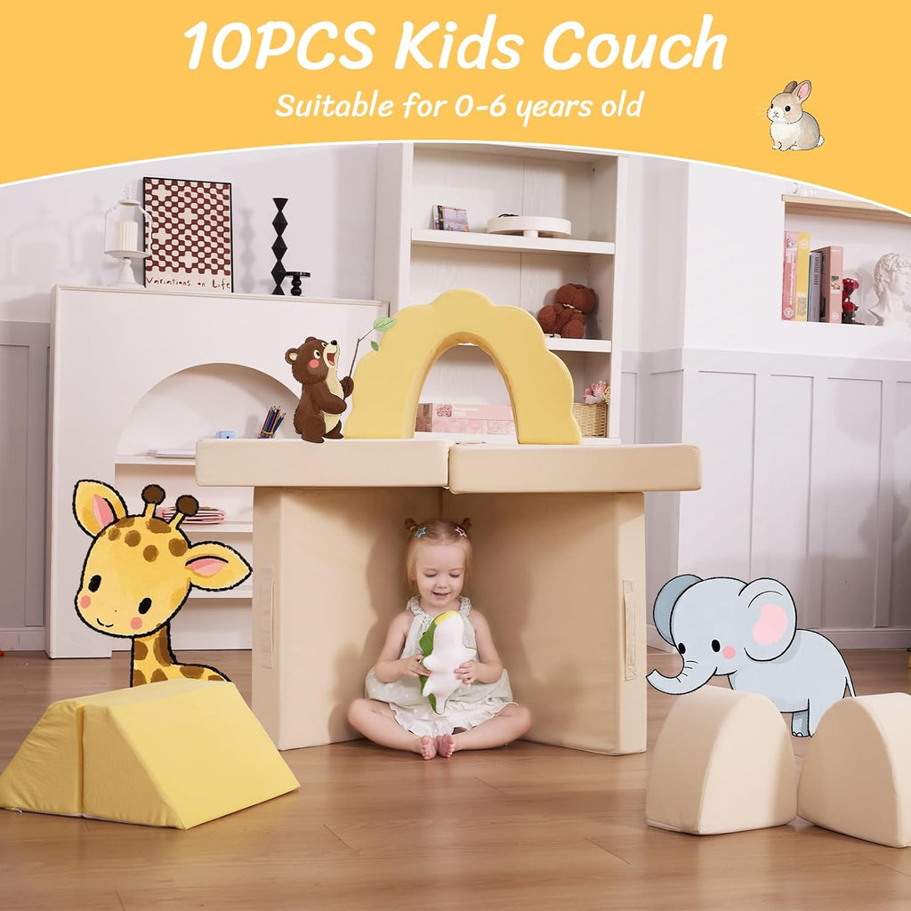 LOAOL Kids Couch 10PCS, Modular Kids Play Couch, Multifunctional Foam Toddler Sofa, Imaginative Convertible Play Sofa for Playroom(Medium Size, Yellow+Beige)