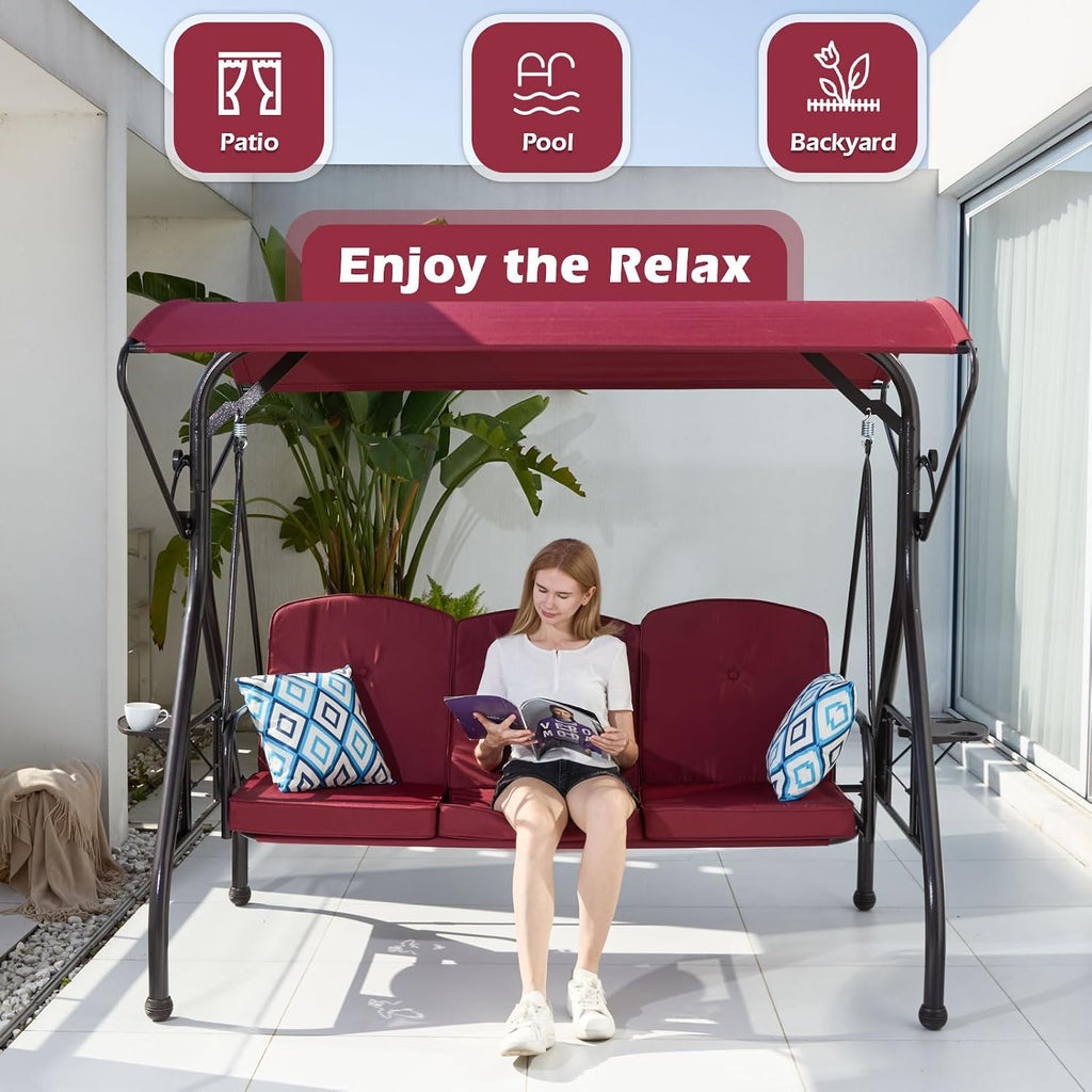 ZZW 800LBS Patio Swing with Canopy 3 Seat Outdoor Porch Swing with Stand w/Cup Holder & Pillow Glider Chair Swing Bed for Patio Backyard Poolside (Red)