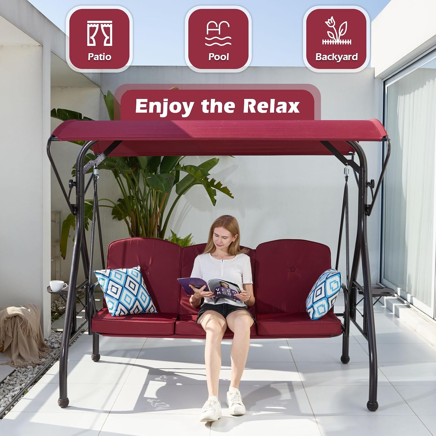ZZW 800LBS Patio Swing with Canopy 3 Seat Outdoor Porch Swing with Stand w/Cup Holder & Pillow Glider Chair Swing Bed for Patio Backyard Poolside (Red)