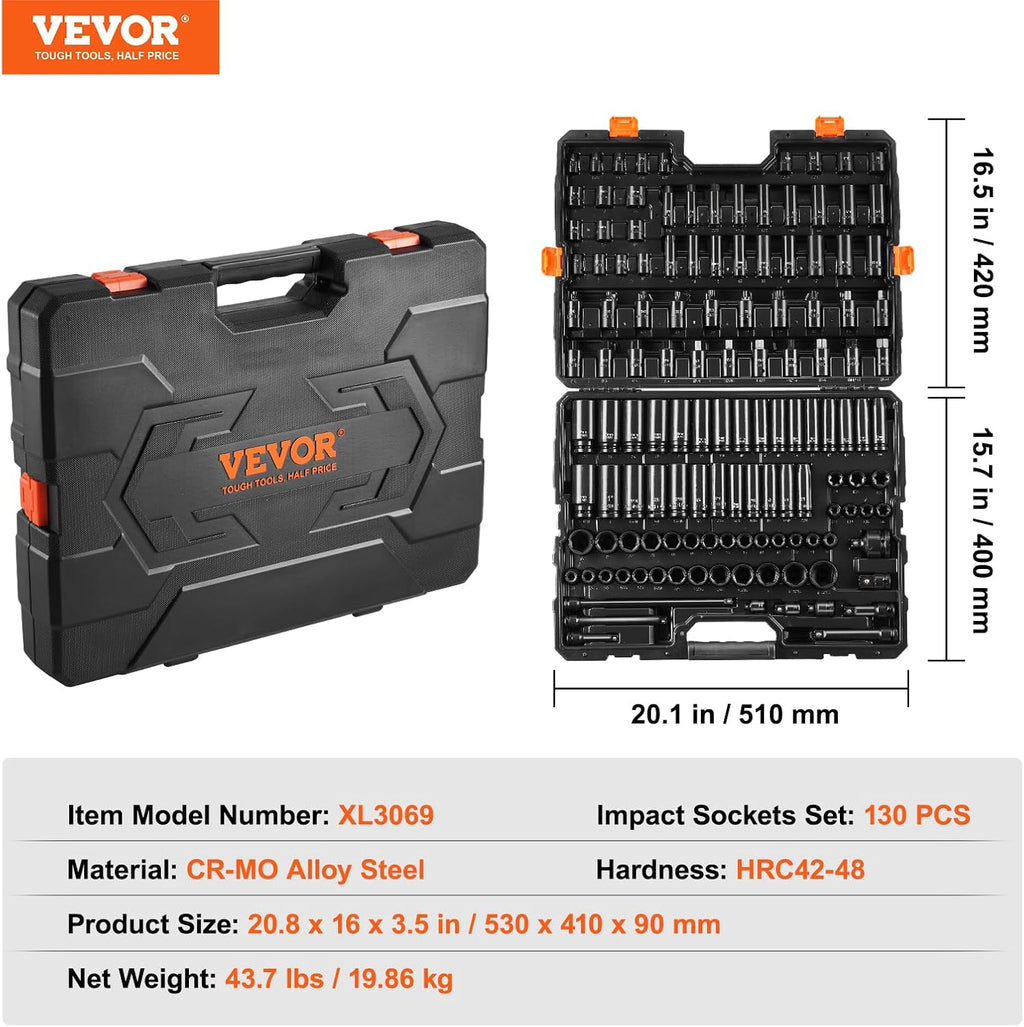 VEVOR Impact Socket Set 130 Piece 3/8' & 1/2' - SAE & Metric Drive Socket Set - 6 Point Cr-Mo Alloy Steel for Auto Repair - Easy-to-Read Size Markings - Includes Storage Case