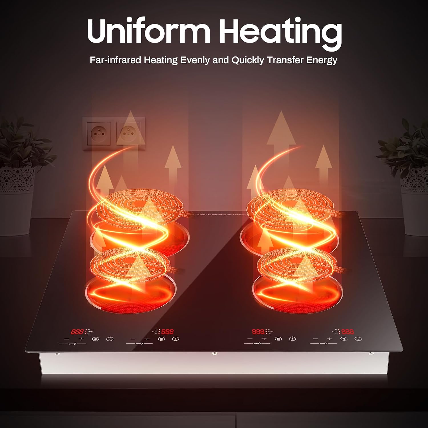 Electric Cooktop 4 Burners,Ceramic Cooktop 3000W, 110V Built-in Countertop Ceramic Stove with LED Touch Control, 9 Power Levels 0-120Mins Timer 80-650°C, Child Safety Lock